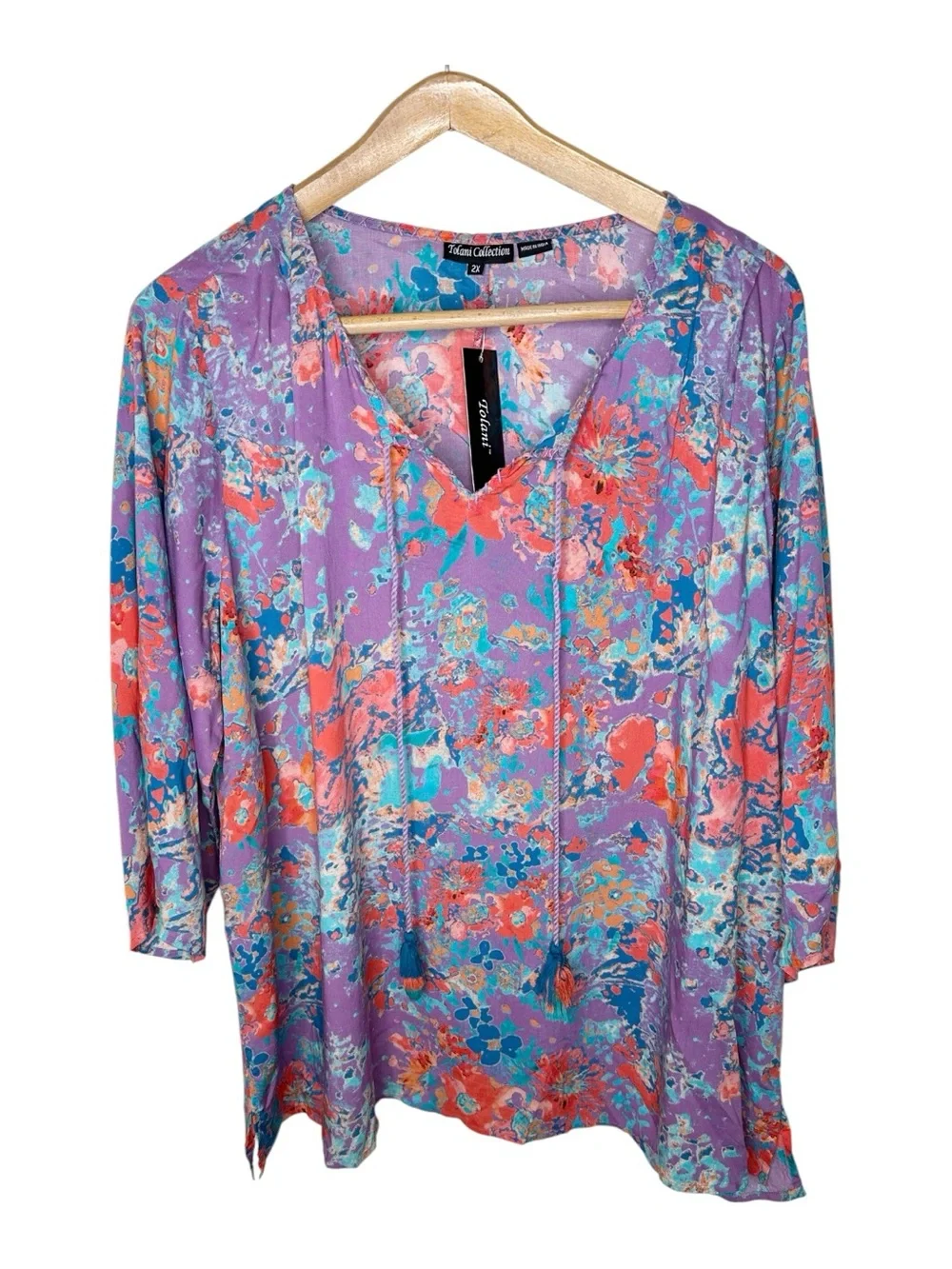 Tolani Collection Edith Modal Top Size 2X Purple Floral 3/4 Sleeves Tassels New - Picture 3 of 15